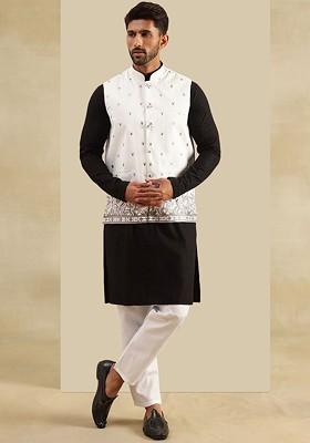 Black Embroidered Cotton Kurta Set For Men