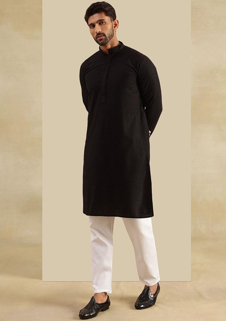 Black Embroidered Cotton Kurta Set For Men