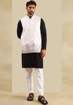 Black Embroidered Cotton Kurta Set For Men