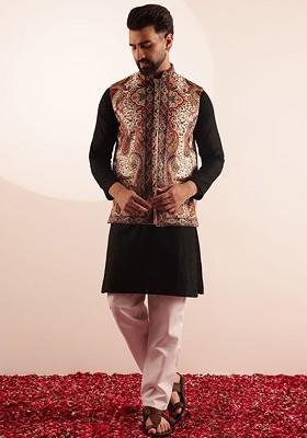 Black Embroidered Cotton Kurta Set For Men