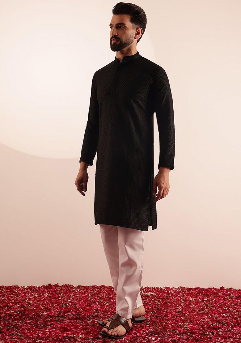 Black Embroidered Cotton Kurta Set For Men