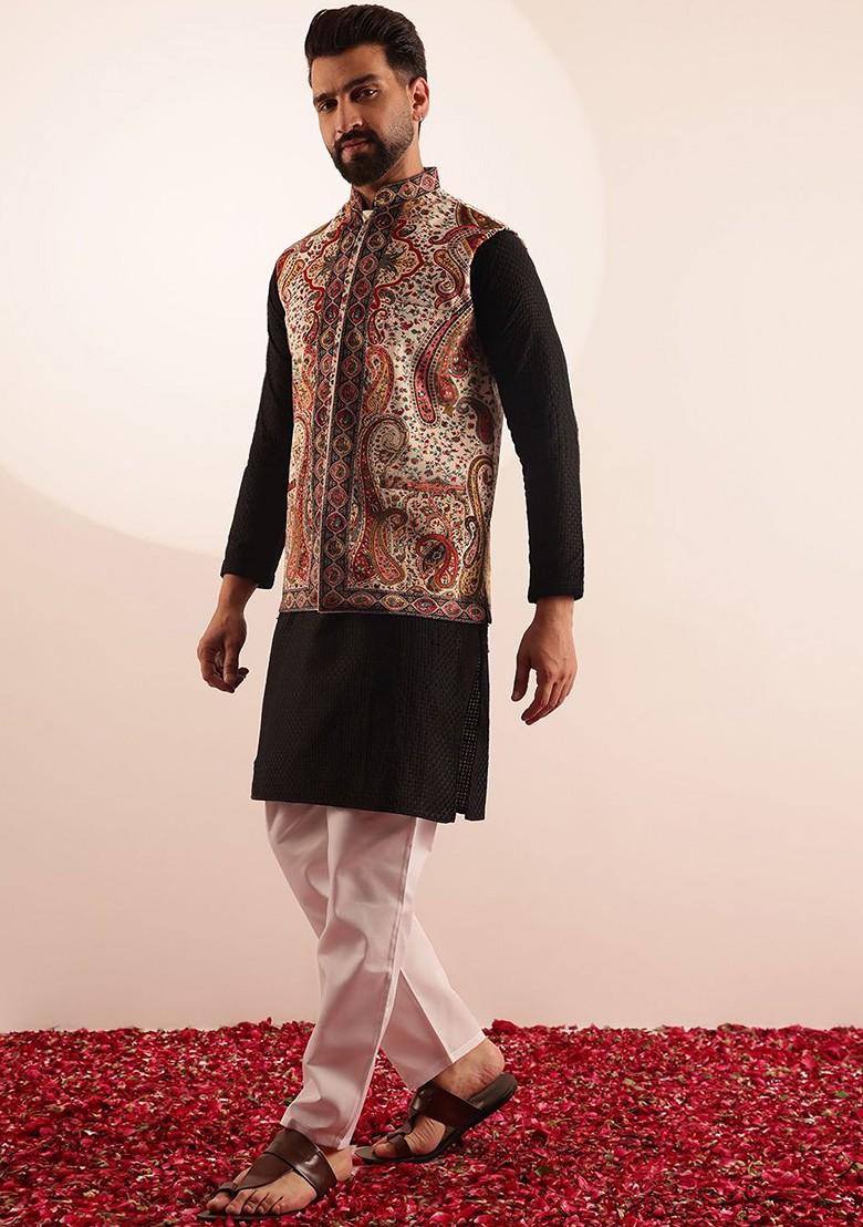 Black Embroidered Cotton Kurta Set For Men