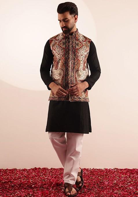Black Embroidered Cotton Kurta Set For Men