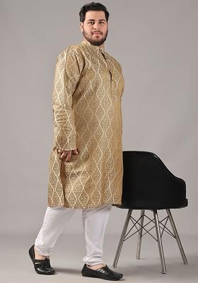 Beige Ethnic Motifs Poly Blend Kurta Set For Men