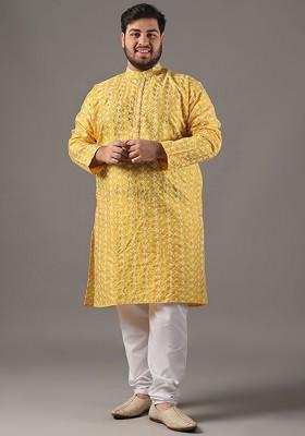 Yellow Embroidered Cotton Kurta Set For Men