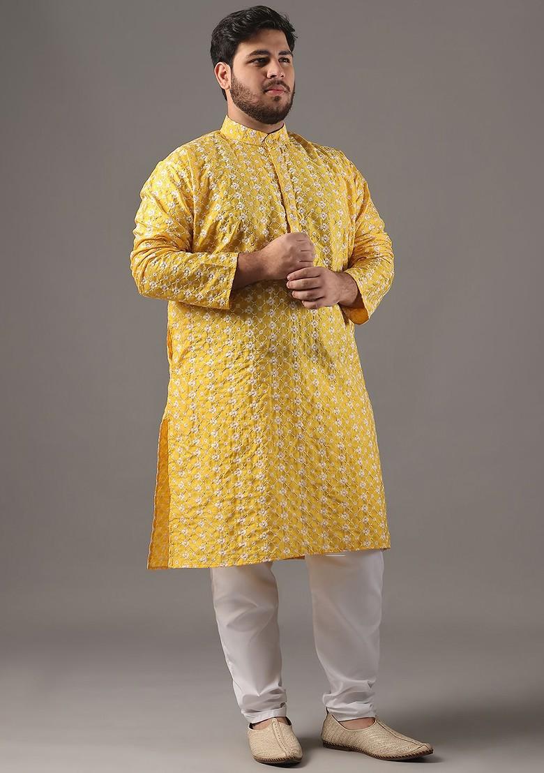 Yellow Embroidered Cotton Kurta Set For Men