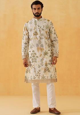 Cream Thread Work Poly Blend Kurta Set For Men