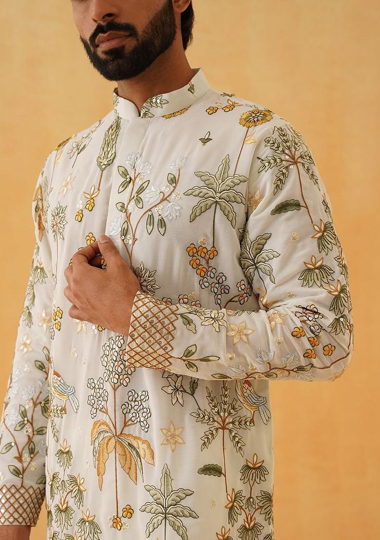 Cream Thread Work Poly Blend Kurta Set For Men