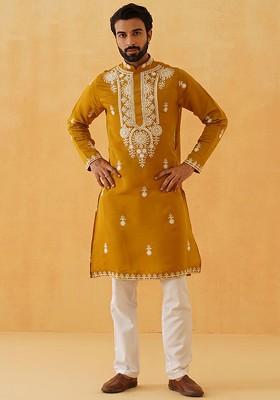 Mustard Thread Work Poly Blend Kurta Set For Men
