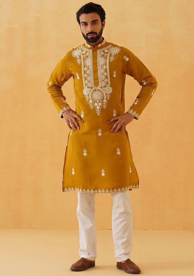 Mustard Thread Work Poly Blend Kurta Set For Men
