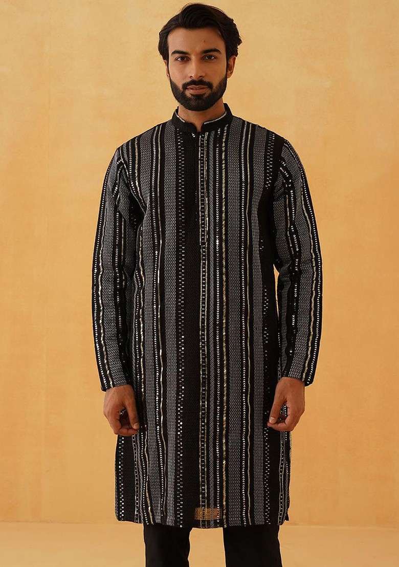 Black Striped Poly Blend Kurta Set For Men - Indya