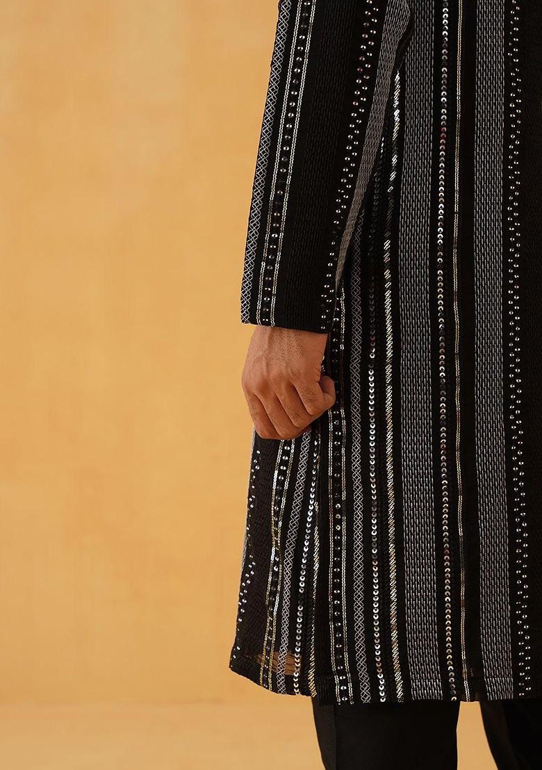 Black Striped Poly Blend Kurta Set For Men
