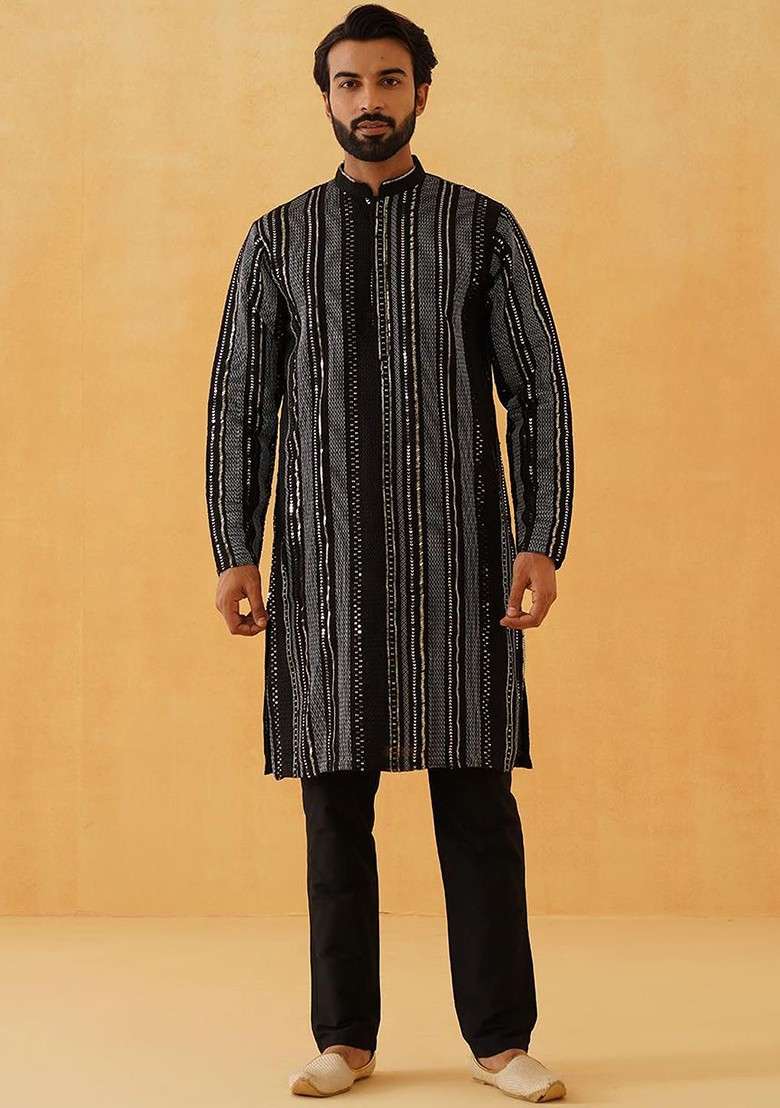Black Striped Poly Blend Kurta Set For Men - Indya