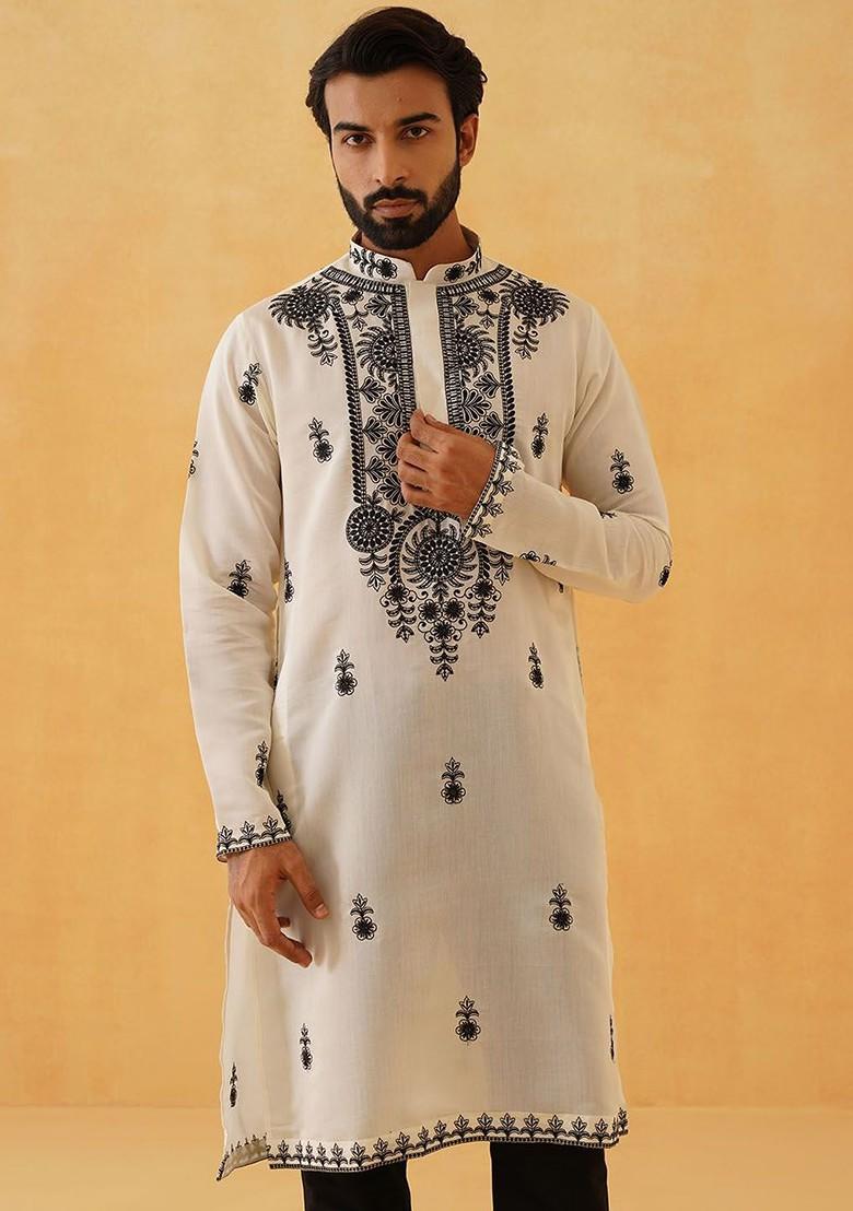 Cream Thread Work Poly Blend Kurta Set For Men