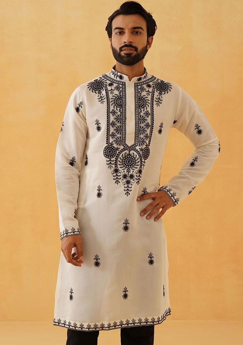 Cream Thread Work Poly Blend Kurta Set For Men