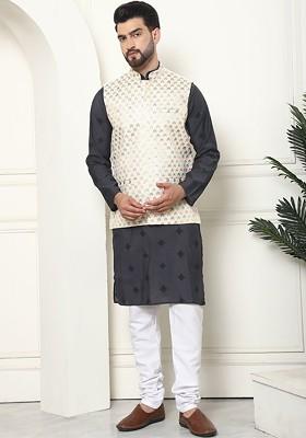 Cream Thread Work Cotton Kurta Set For Men