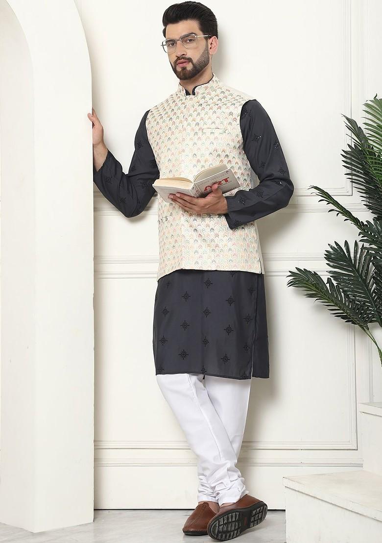 Cream Thread Work Cotton Kurta Set For Men