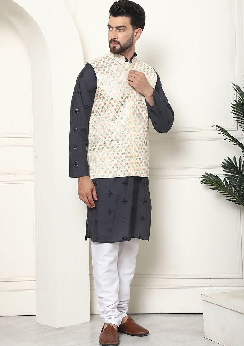 Cream Thread Work Cotton Kurta Set For Men
