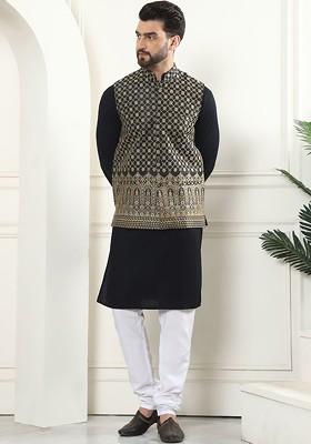 Black Thread Work Cotton Kurta Set For Men