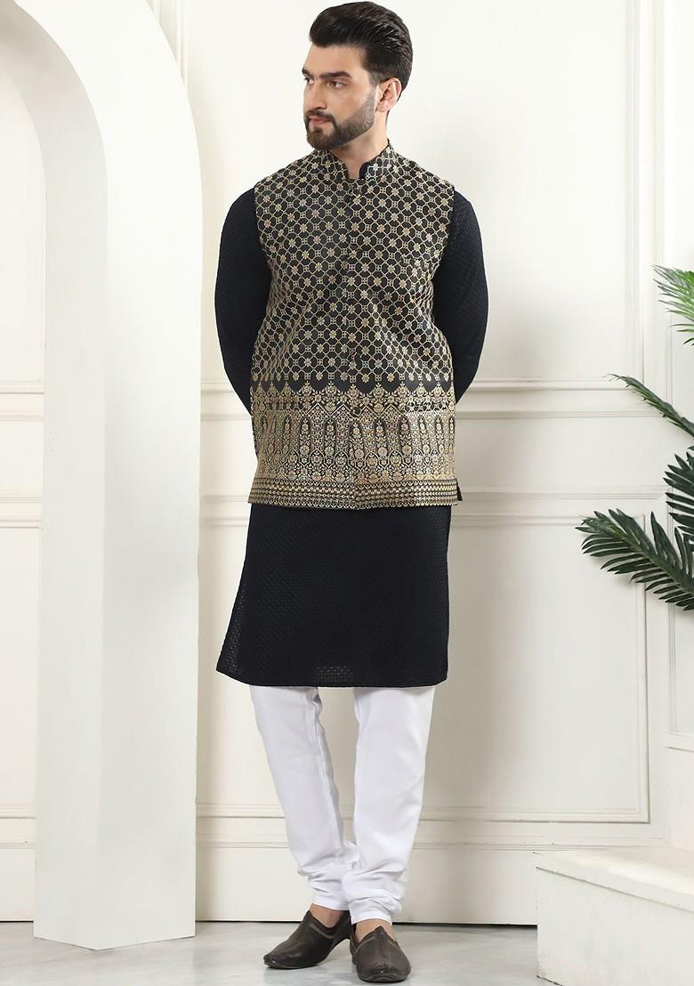 Black Thread Work Cotton Kurta Set For Men