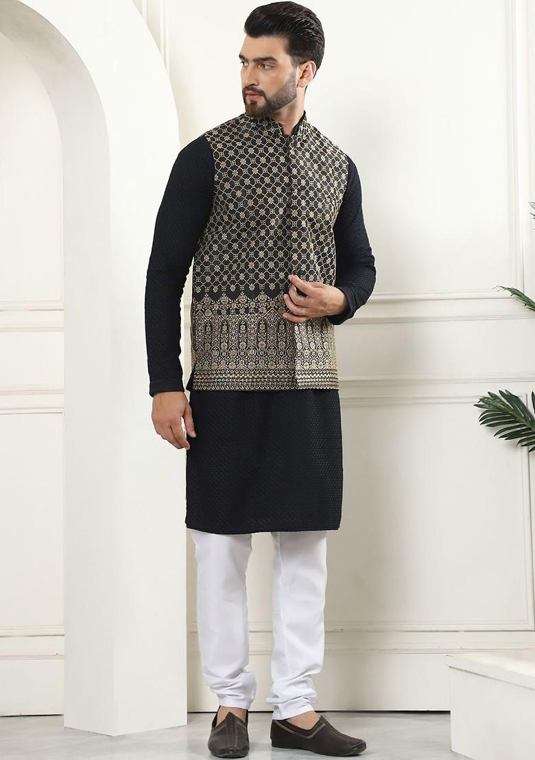 Black Thread Work Cotton Kurta Set For Men