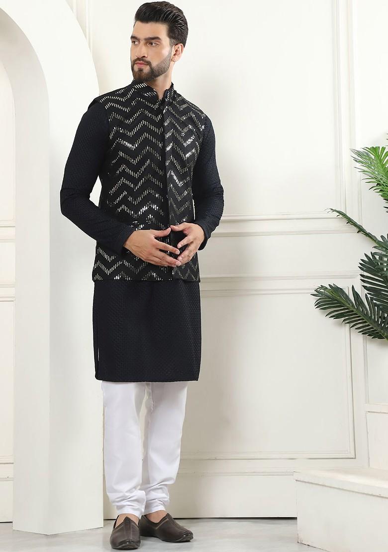 Black Ethnic Motifs Cotton Kurta Set For Men