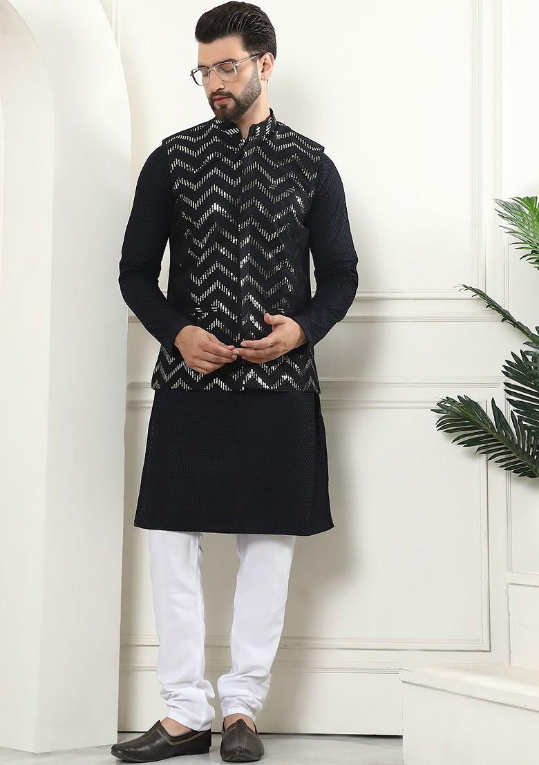 Black Ethnic Motifs Cotton Kurta Set For Men