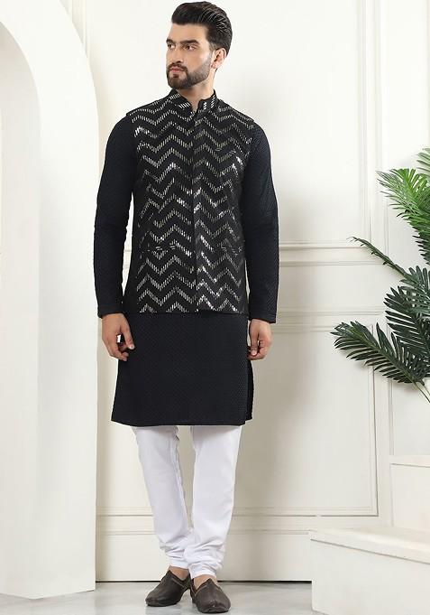 Black Ethnic Motifs Cotton Kurta Set For Men