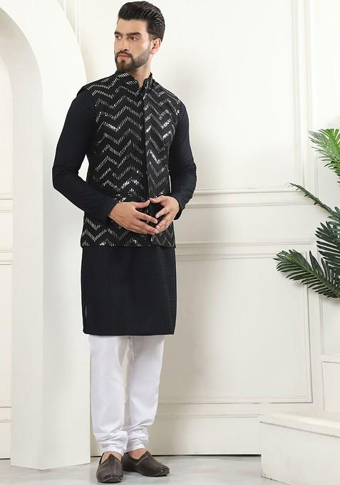Black Ethnic Motifs Cotton Kurta Set For Men