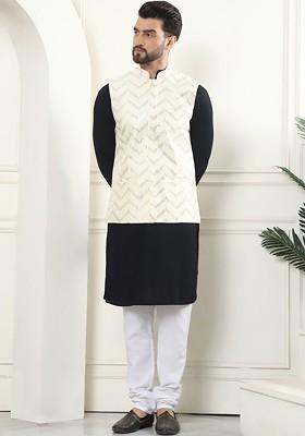 Black Thread Work Cotton Kurta Set For Men