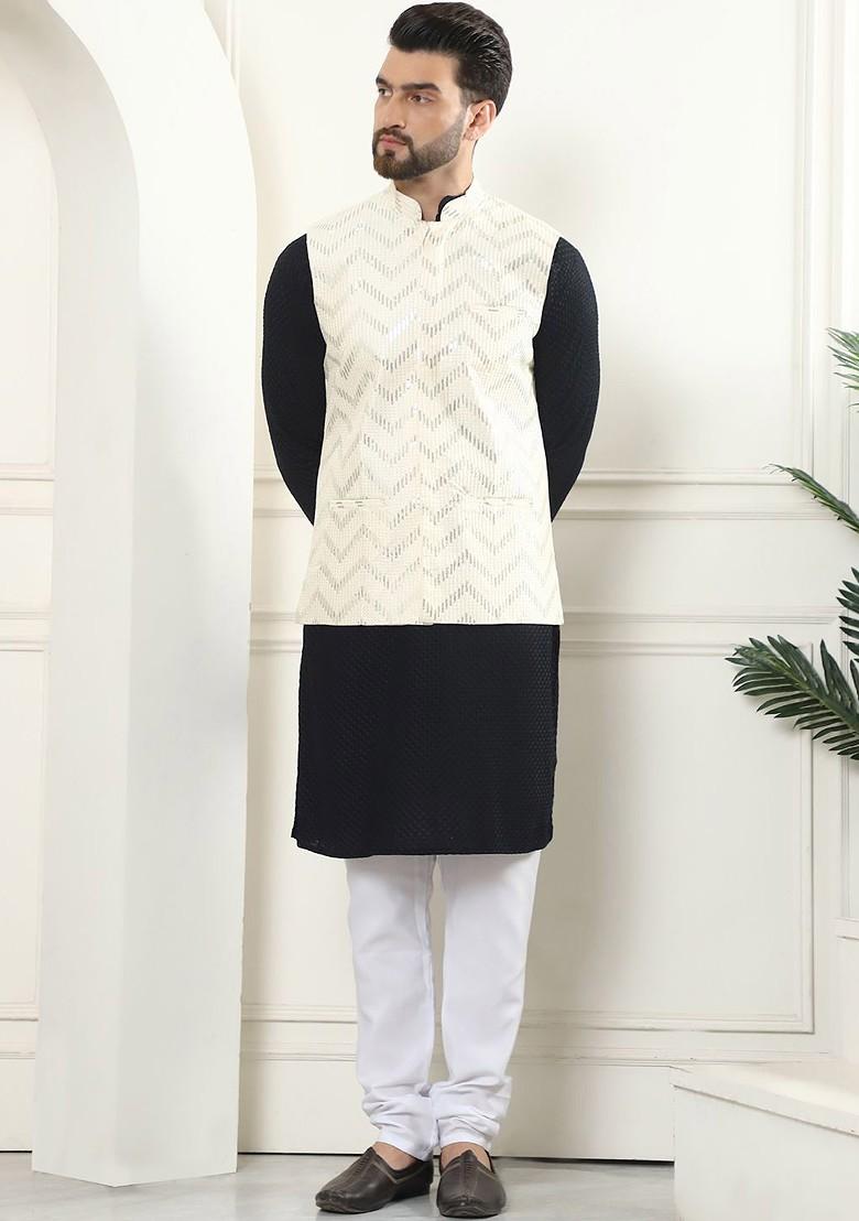 Black Thread Work Cotton Kurta Set For Men