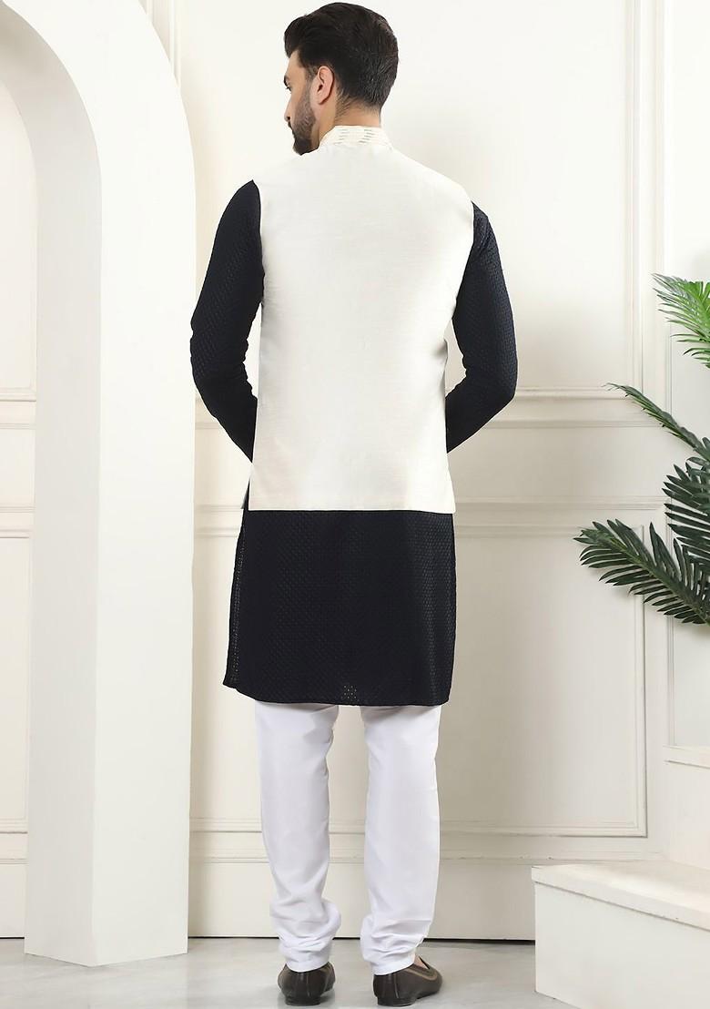 Black Thread Work Cotton Kurta Set For Men