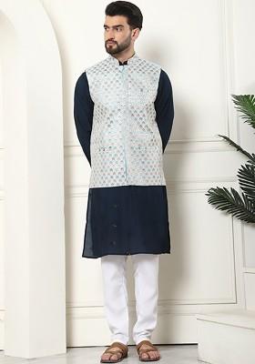 Teal Blue Embroidered Cotton Kurta Set For Men