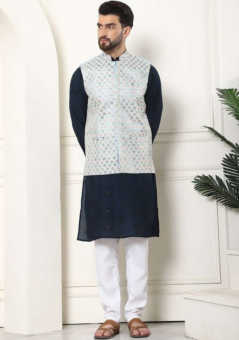 Teal Blue Embroidered Cotton Kurta Set For Men - Indya