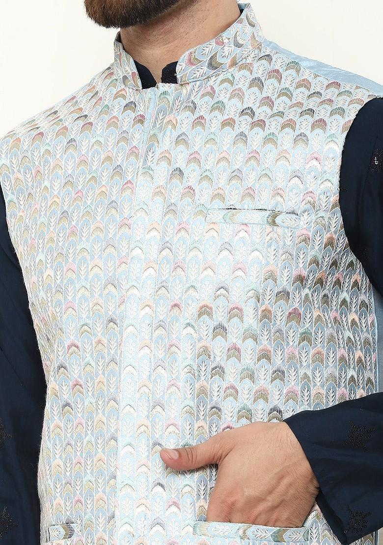 Teal Blue Embroidered Cotton Kurta Set For Men