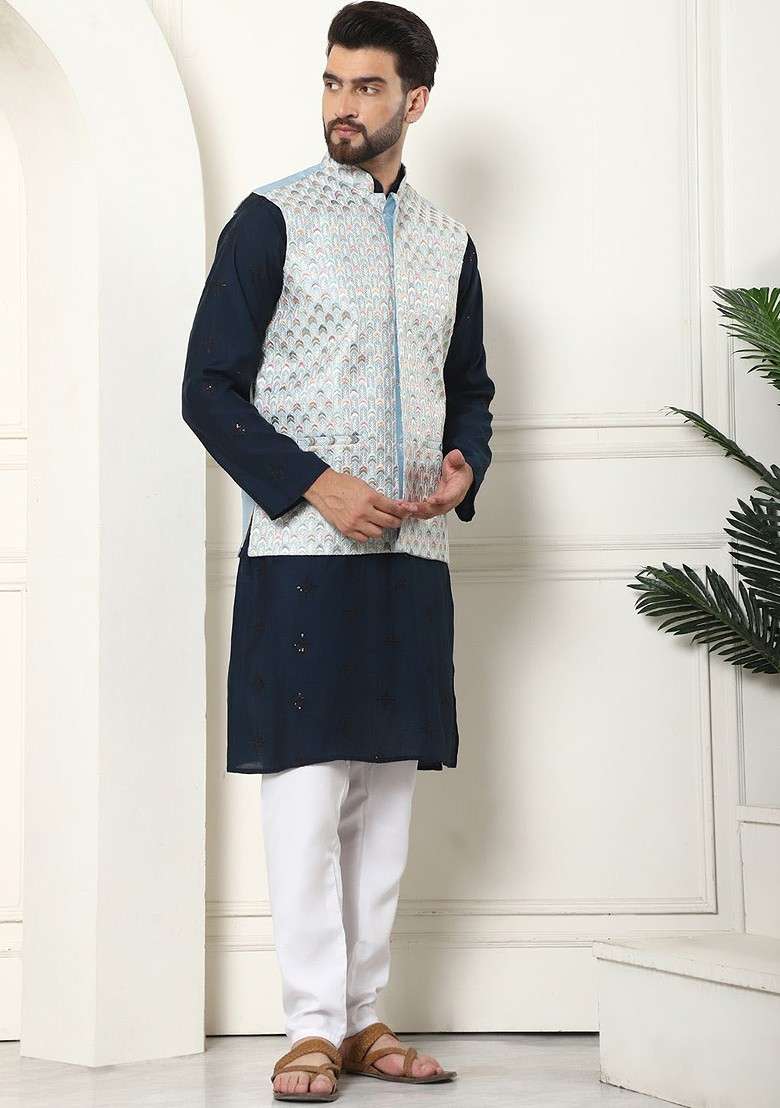 Teal Blue Embroidered Cotton Kurta Set For Men - Indya