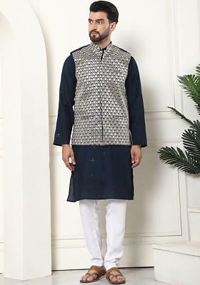 Teal Blue Embroidered Poly Blend Kurta Set For Men