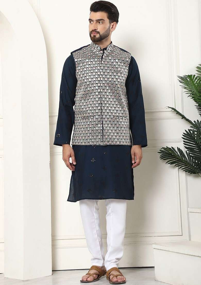 Teal Blue Embroidered Poly Blend Kurta Set For Men - Indya