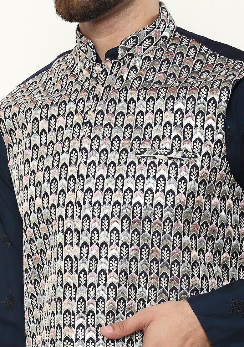 Teal Blue Embroidered Poly Blend Kurta Set For Men