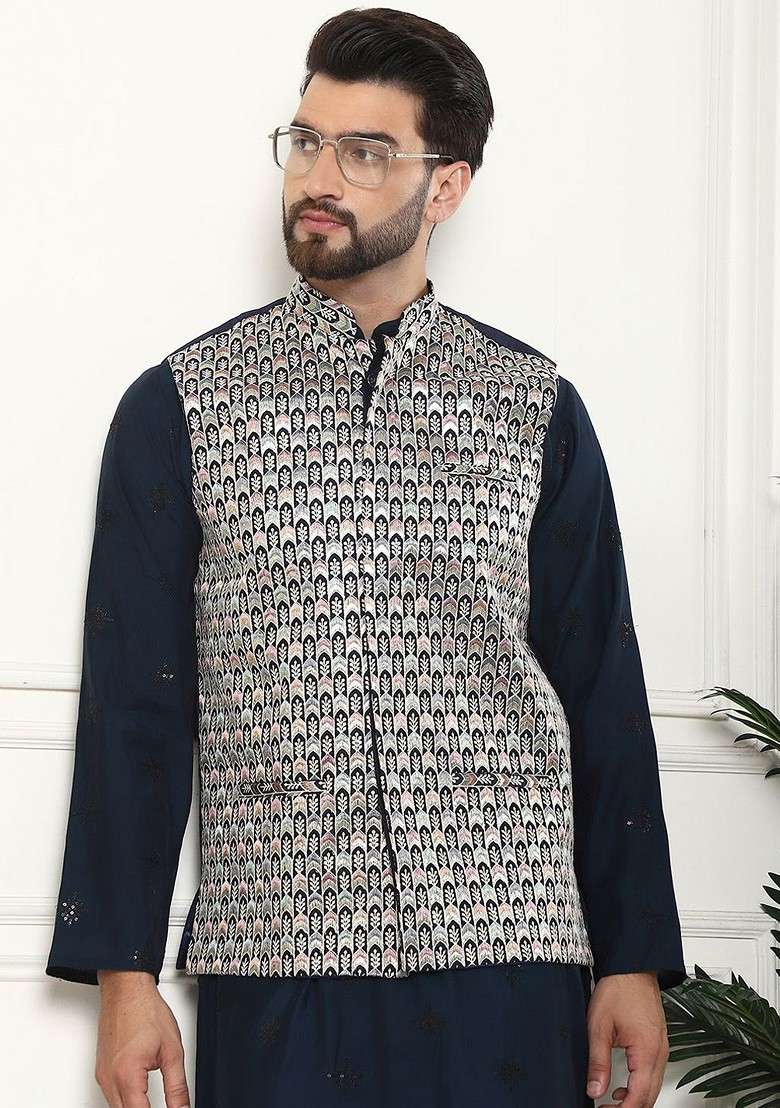 Teal Blue Embroidered Poly Blend Kurta Set For Men - Indya