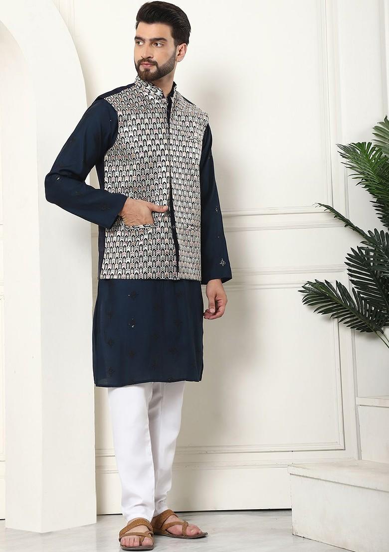 Teal Blue Embroidered Poly Blend Kurta Set For Men