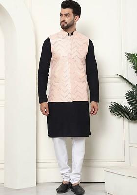 Black Thread Work Cotton Kurta Set For Men