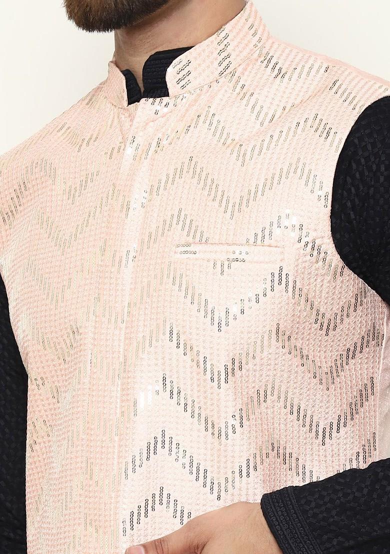 Black Thread Work Cotton Kurta Set For Men