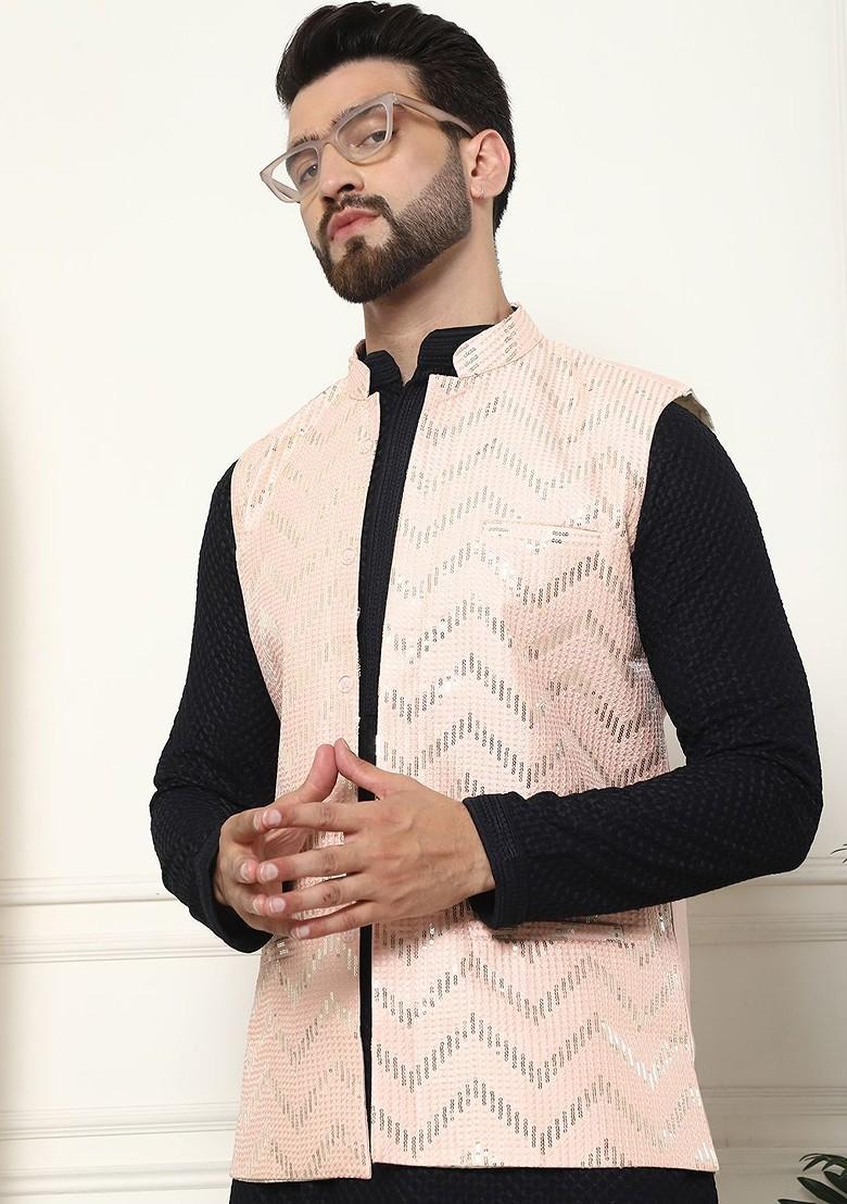 Black Thread Work Cotton Kurta Set For Men