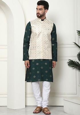 Green Embroidered Cotton Kurta Set For Men