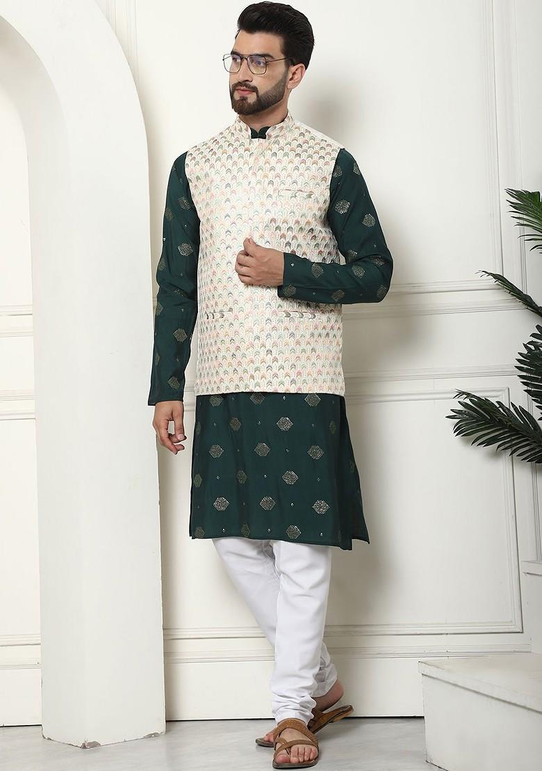 Green Embroidered Cotton Kurta Set For Men