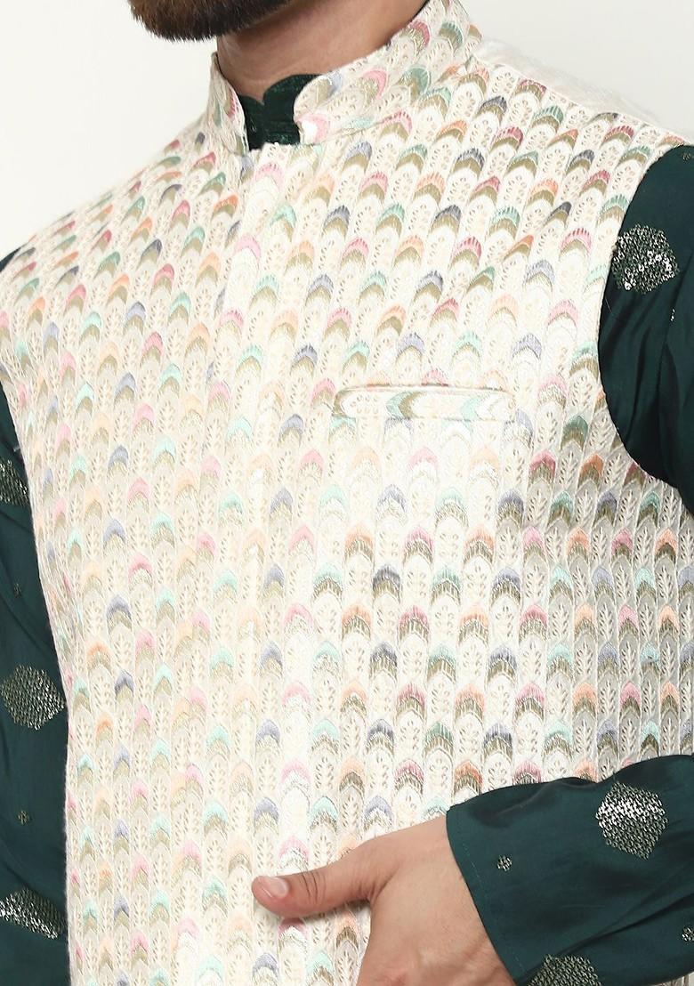 Green Embroidered Cotton Kurta Set For Men