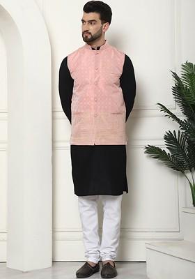 Black Thread Work Cotton Kurta Set For Men