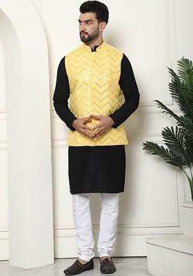 Black Solid Cotton Kurta Set For Men