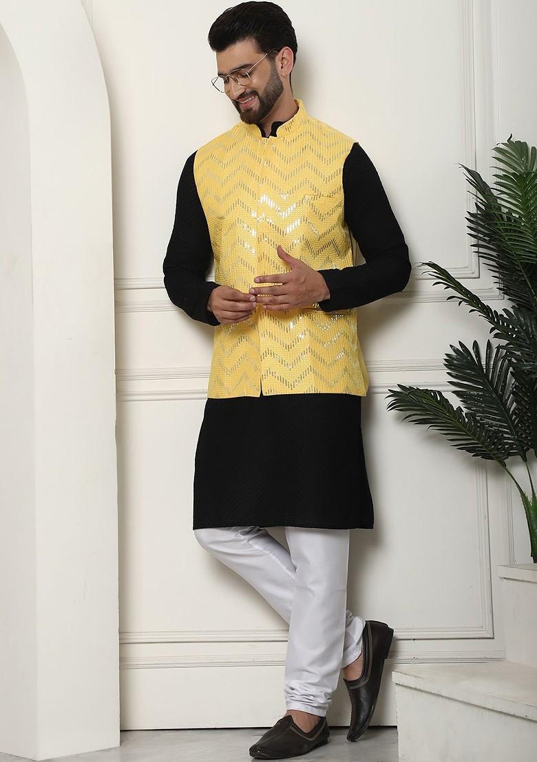 Black Solid Cotton Kurta Set For Men